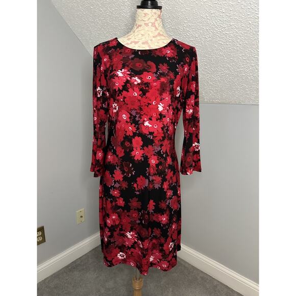 EUC Tommy Hilfiger Dress Womens Sz 10 Red Fit Flare Floral Watercolor Romantic - Picture 1 of 9